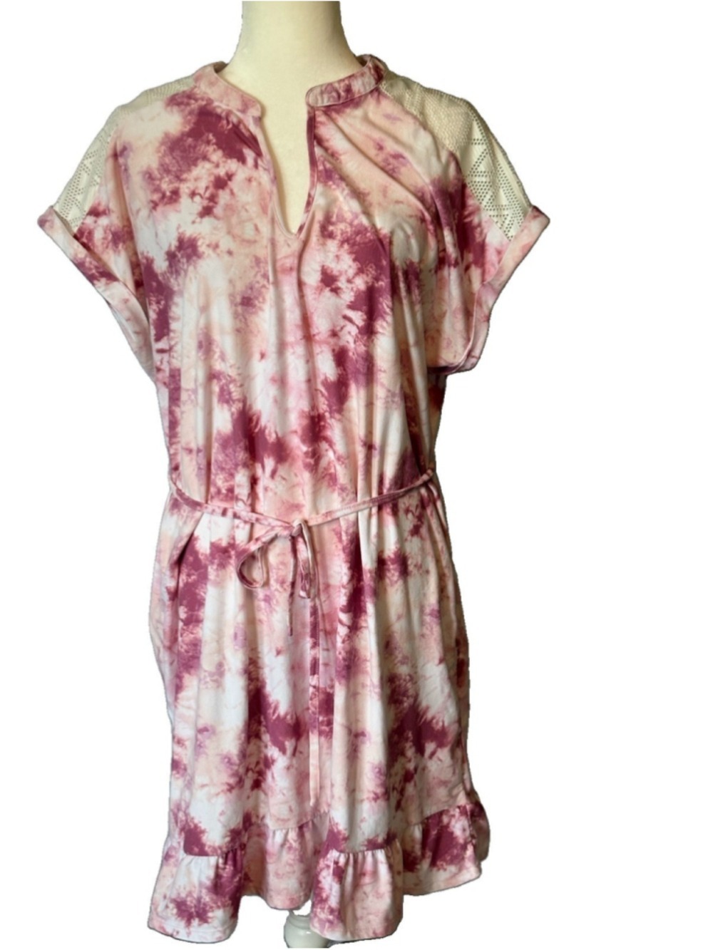No Boundaries 3XL Dress Pink Tie Dye Crochet Lace Yoke Ruffle Hem Plus Size